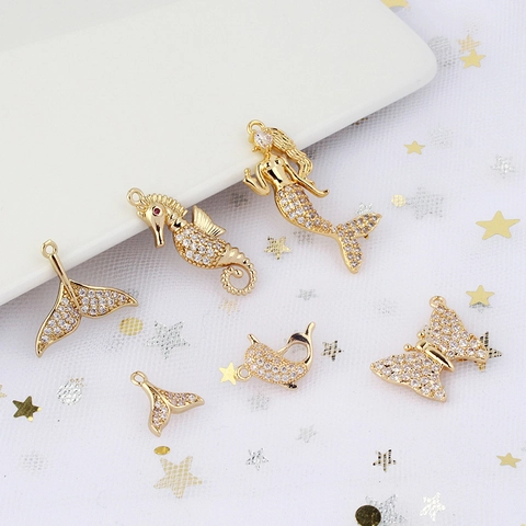 Gold Plated Copper Zirconia Inlaid Pendants Jewelry Making DIY Accessories Mermaid Seahorse Butterfly Whale Tail Shapes