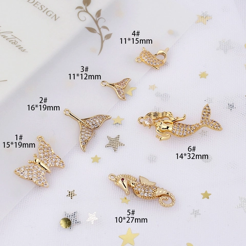Gold Plated Copper Zirconia Inlaid Pendants Jewelry Making DIY Accessories Mermaid Seahorse Butterfly Whale Tail Shapes
