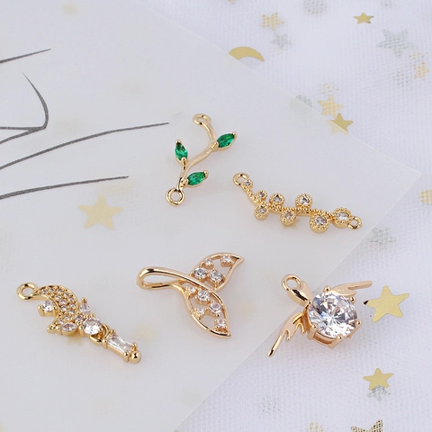 Vintage Gold Plated Copper Zirconia Pendants For Jewelry Making Moon Leaf Fish Tail Wings Charms DIY Necklace Earrings Accessory