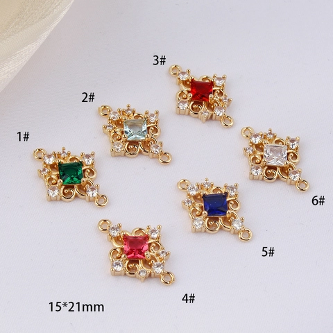 Vintage Verguld Koper Zirconia Ruitvormige Connector Hanger Dubbele Lus Links Voor DIY Sieraden Maken Armband Ketting Accessoires