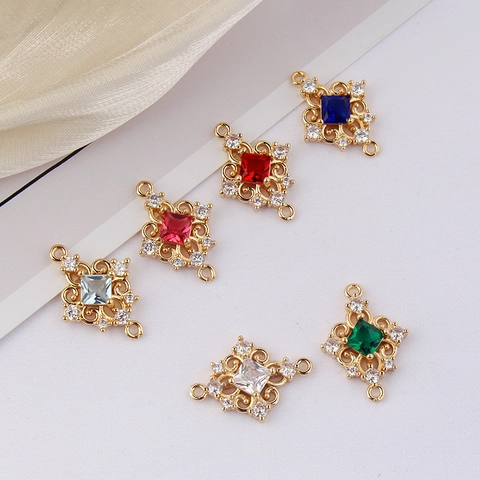 Vintage Verguld Koper Zirconia Ruitvormige Connector Hanger Dubbele Lus Links Voor DIY Sieraden Maken Armband Ketting Accessoires