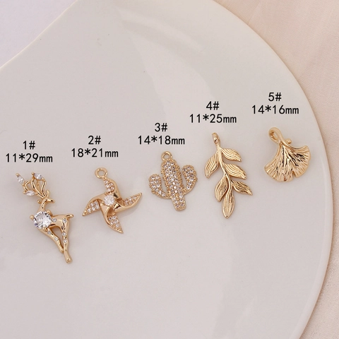 Copper Gold Plated Zirconia Pendants For DIY Jewelry Making Reindeer Cactus Ginkgo Leaf Windmill Charm Accessories