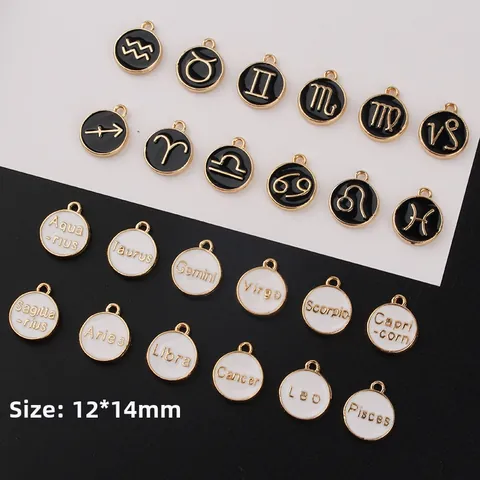 12 Zodiac Signs Round Plate Enamel Alloy Charms For DIY Necklace Bracelet Jewelry Making Black White Gold Pendants Accessory