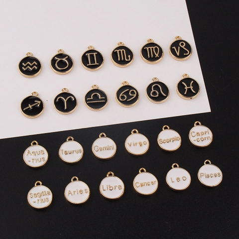 12 Zodiac Signs Round Plate Enamel Alloy Charms For DIY Necklace Bracelet Jewelry Making Black White Gold Pendants Accessory