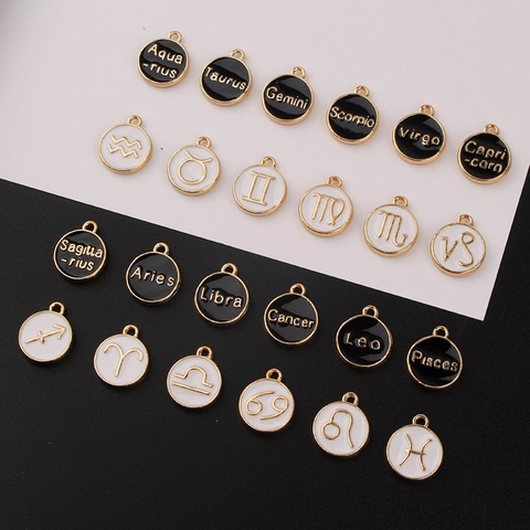 12 Zodiac Signs Round Plate Enamel Alloy Charms For DIY Necklace Bracelet Jewelry Making Black White Gold Pendants Accessory
