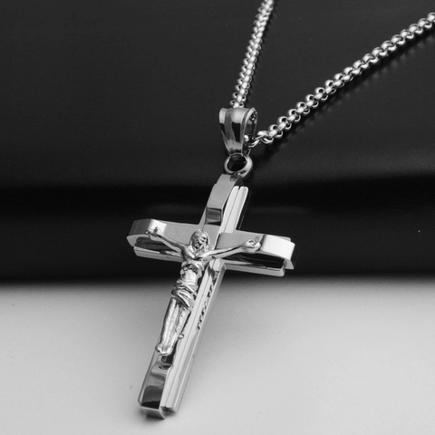 Collar Con Colgante de Cruz de Crucifijo de Jesús de Acero Inoxidable para Hombre Pulido Religioso Vintage Hip Hop Joyería Regalo