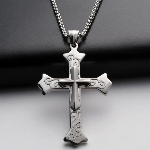 Retro Stainless Steel Double Layered Cross Pendant With Vine Pattern Carving For Men Religious Jewelry Gift Pendant Only Without Chain
