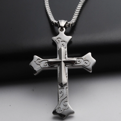 Retro Stainless Steel Double Layered Cross Pendant With Vine Pattern Carving For Men Religious Jewelry Gift Pendant Only Without Chain