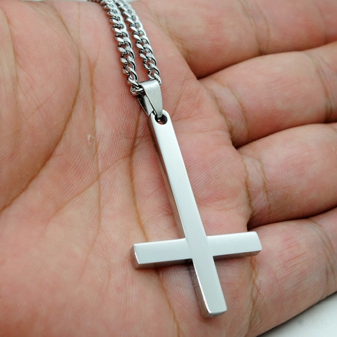 Vintage Stainless Steel Inverted Cross Pendant Necklace Gothic Punk St Peter Cross Jewelry For Men Women Matte Polished Jewelry