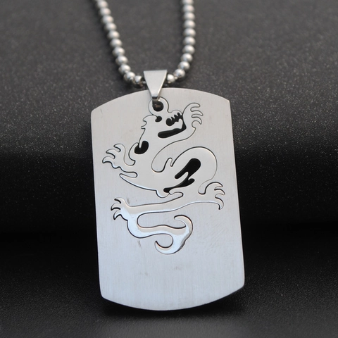 Collar De Colgante De Dragón De Acero Inoxidable Vintage Para Hombre Calado Dog Tag Joyería Con Cadena De Bolas Regalo