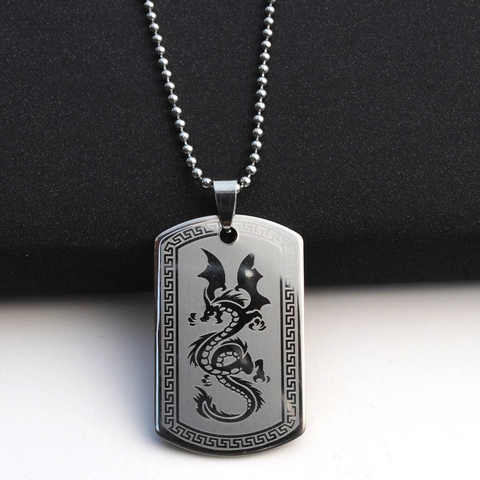 Vintage Roestvrij Stalen Draak Patroon Dog Tag Hanger Halsketting Voor Mannen Vrouwen Punk Stijl Sieraden Met Bolletjesketting Hanger