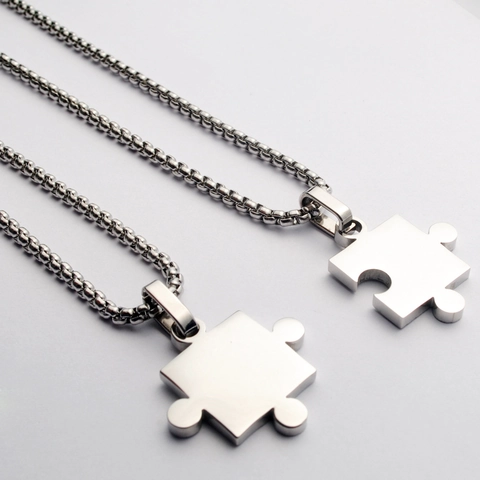 Polierter Edelstahl Puzzleteil Anhänger Halskette Set Passende Boxkette Schmuck Für Paare Herren Damen Geschenk