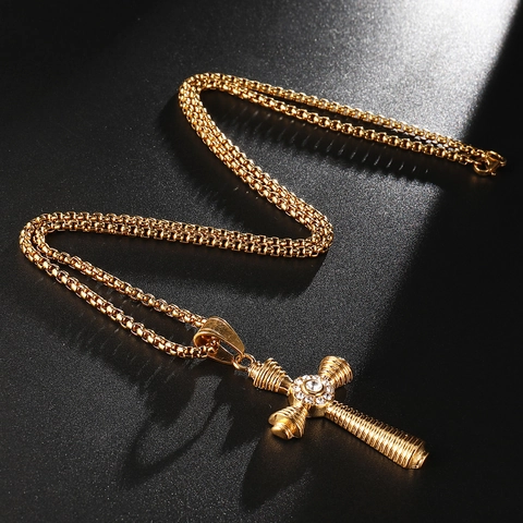 Collier Pendentif Croix en Acier Inoxydable pour Hommes Femmes Hip Hop Plaqué Or Motif de Vis Strass Bijoux Religieux