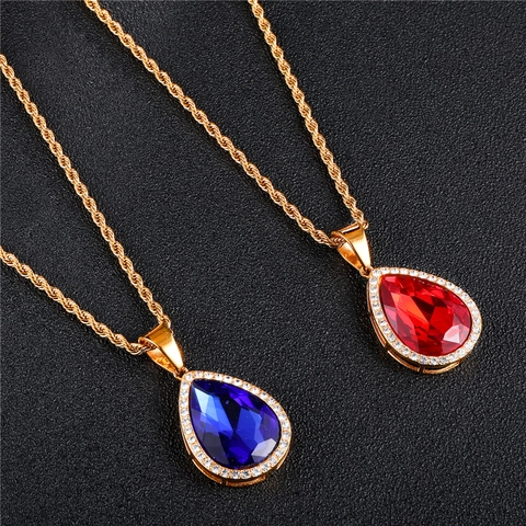 Hip Hop Stainless Steel Waterdrop Pendant Necklace For Men Women Gold Plated Iced Out Zirconia Red Blue Gemstone Teardrop Jewelry