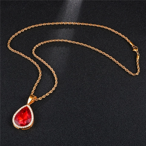 Hip Hop Stainless Steel Waterdrop Pendant Necklace For Men Women Gold Plated Iced Out Zirconia Red Blue Gemstone Teardrop Jewelry