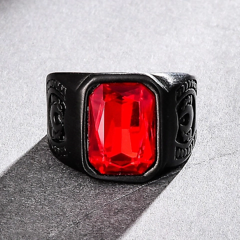 Punk Stainless Steel Ring For Men Square Red Synthetic Ruby Vintage IP Black Plated Retro Fashion Jewelry Finger Ring