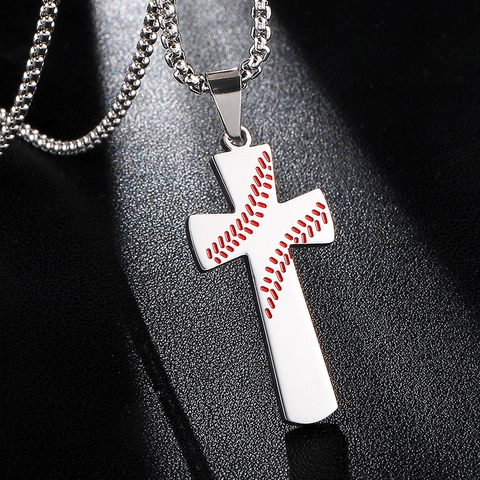 Stainless Steel Baseball Stitch Cross Pendant Necklace Sporty Hip Hop Gold Black Silver Religious Jewelry Gift For Men Women
