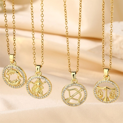 Golden Copper Zirconia Zodiac Pendant Necklace Round Hollow Constellation Jewelry For Women Men Ins Style Daily Neckwear Gift