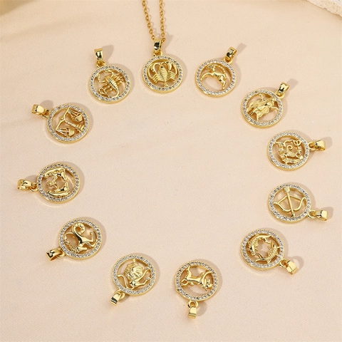 Golden Copper Zirconia Zodiac Pendant Necklace Round Hollow Constellation Jewelry For Women Men Ins Style Daily Neckwear Gift