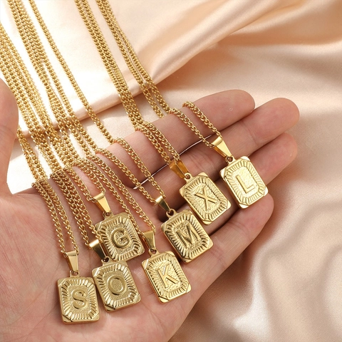 Vintage Roestvrij Stalen Initiaal Letter Ketting Vierkante Hanger Zonnestraal Textuur Voor Dames Goud Zilver Vergulde Sieraden Retro Curb Ketting Kettingen