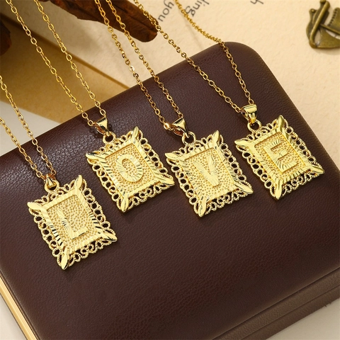 Vintage Gold Plated Copper Alphabet Initial Pendant Necklace For Women Men Hollow Lace Rectangular Pendant Jewelry Daily Wear Gift