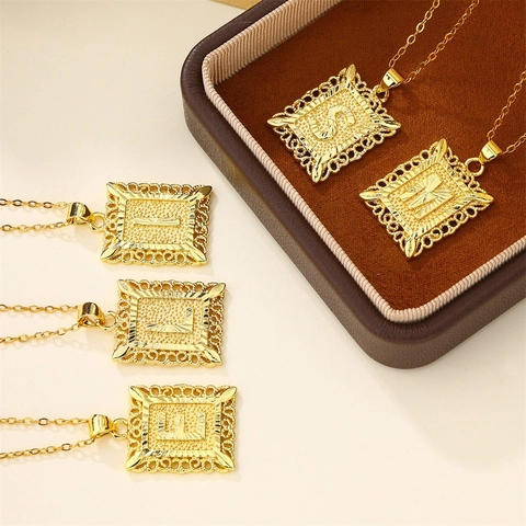 Vintage Gold Plated Copper Alphabet Initial Pendant Necklace For Women Men Hollow Lace Rectangular Pendant Jewelry Daily Wear Gift