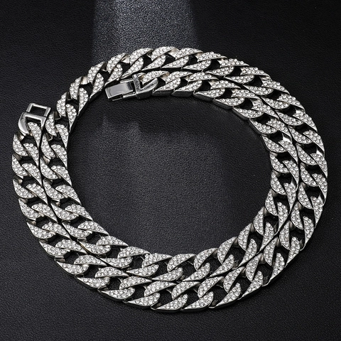 Hip Hop Pave Rhinestone Cuban Link Chain Necklace For Men Women Zinc Alloy Luxurious Shiny Street Fashion Jewelry Gift
