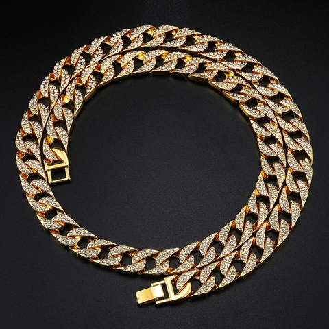 Hip Hop Pave Rhinestone Cuban Link Chain Necklace For Men Women Zinc Alloy Luxurious Shiny Street Fashion Jewelry Gift