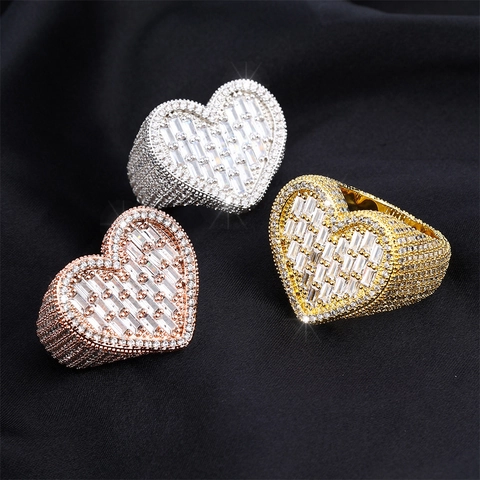 Hip Hop Iced Out Heart Ring For Women Men Copper Zirconia Big Heart Shaped Ring Luxury Statement Jewelry Party Gift
