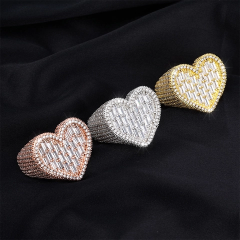 Hip Hop Iced Out Heart Ring For Women Men Copper Zirconia Big Heart Shaped Ring Luxury Statement Jewelry Party Gift