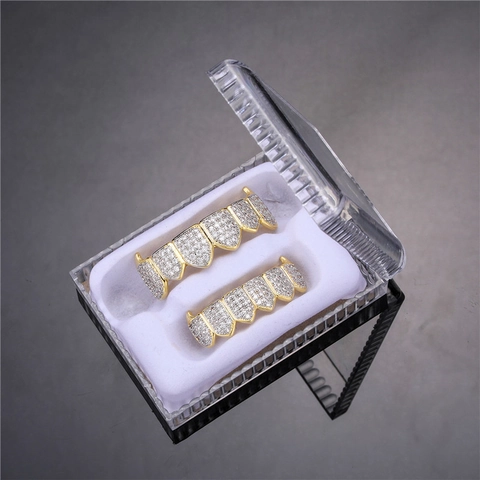 Hip Hop Upper And Lower Grillz Copper Inlaid Zircon Gold Silver Plated Teeth Grillz For Men Women Party Jewelry Accessory
