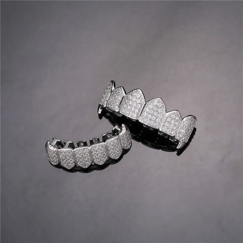 Hip Hop Upper And Lower Grillz Copper Inlaid Zircon Gold Silver Plated Teeth Grillz For Men Women Party Jewelry Accessory