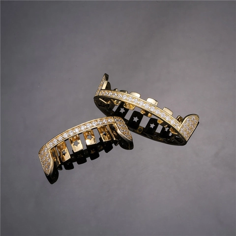 Hip Hop Enkele Rij Volledige Zirkonia Tand Grillz Set Iced Out Messing Ster Opengewerkt Grillz Voor Mannen Vrouwen Sieraden