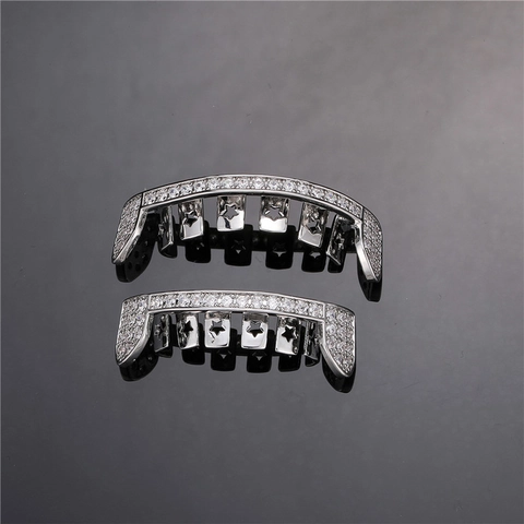 Hip Hop Enkele Rij Volledige Zirkonia Tand Grillz Set Iced Out Messing Ster Opengewerkt Grillz Voor Mannen Vrouwen Sieraden