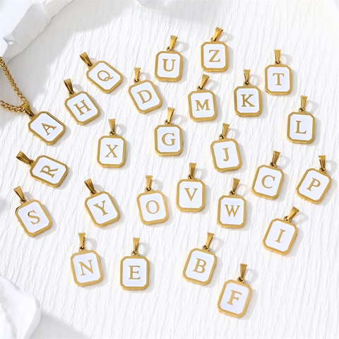 Stainless Steel Square Letter Pendant Necklace White Enamel Gold Plated Minimalist Alphabet Jewelry For Women