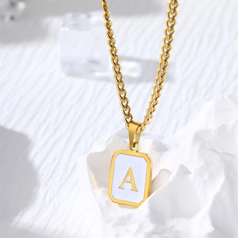 Stainless Steel Square Letter Pendant Necklace White Enamel Gold Plated Minimalist Alphabet Jewelry For Women