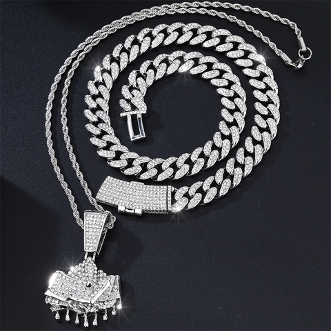 Men's Hip Hop Iced Out Necklace Cuban Link Chain And Rope Chain With Rhinestone Money Stack Pendant Fashion Jewelry