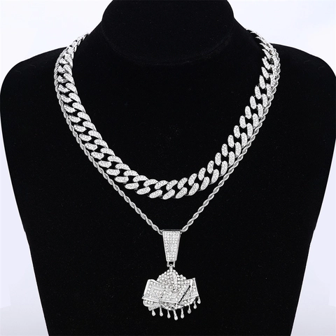 Men's Hip Hop Iced Out Necklace Cuban Link Chain And Rope Chain With Rhinestone Money Stack Pendant Fashion Jewelry