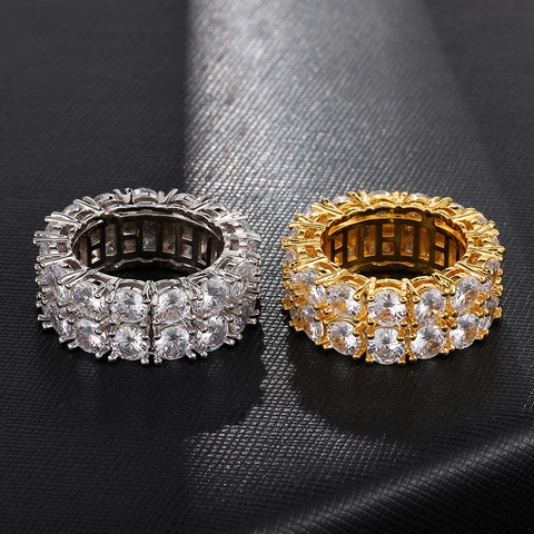 Hip Hop Double Row Zirconia Copper Ring For Men Women Gold Silver Plated Inlaid Round Crystal Eternity Finger Ring Jewelry