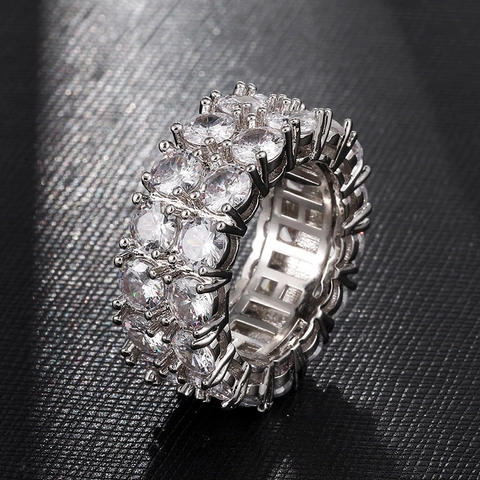 Hip Hop Double Row Zirconia Copper Ring For Men Women Gold Silver Plated Inlaid Round Crystal Eternity Finger Ring Jewelry