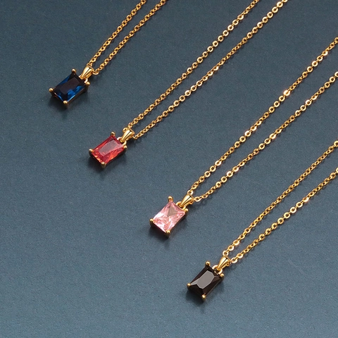 S925 Sterling Silver Birthstone Necklace For Women Rectangle Zirconia Lucky Stone Pendant Jewelry 18K Gold Plated Gift