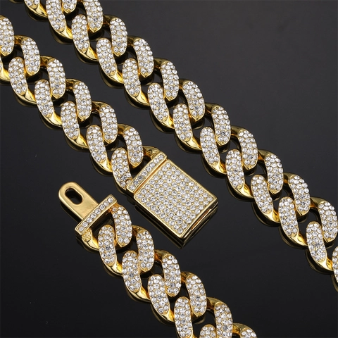 Hip Hop Iced Out Cuban Link Chain Necklace Alloy Zirconia Rhinestone Inlaid Fashion Streetwear Jewelry For Men Women