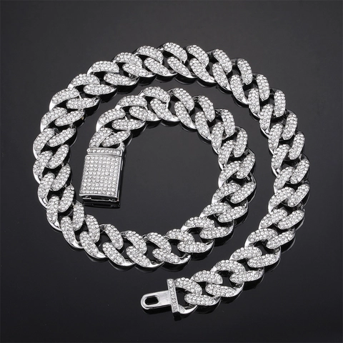 Hip Hop Iced Out Cuban Link Chain Necklace Alloy Zirconia Rhinestone Inlaid Fashion Streetwear Jewelry For Men Women
