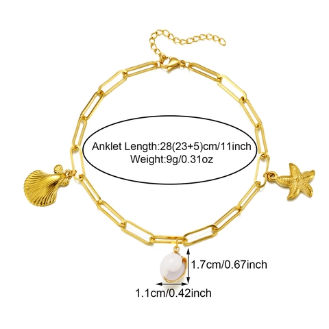 Bohemian Stainless Steel Gold Plated Starfish Shell Conch Anklet For Women Paperclip Chain Beach Vacation Ocean Foot Jewelry