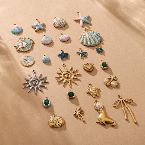 Stainless Steel Ocean Charms For Jewelry Making Enamel Starfish Shell Sun Palm Tree Pendants For Necklace Bracelet Women