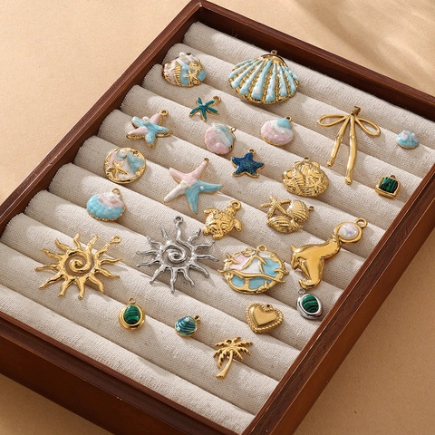 Stainless Steel Ocean Charms For Jewelry Making Enamel Starfish Shell Sun Palm Tree Pendants For Necklace Bracelet Women