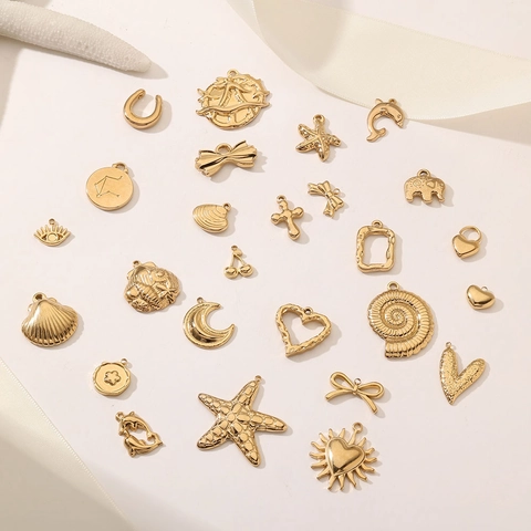 Stainless Steel 18K Gold Plated DIY Pendant Marine Starfish Shell Heart Rhinestone Artificial Pearl Jewelry Findings