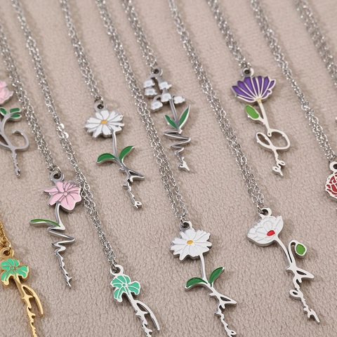 Stainless Steel 12 Months Birth Flower Pendant Necklace Elegant Personalized Letter Floral Jewelry Gift For Women