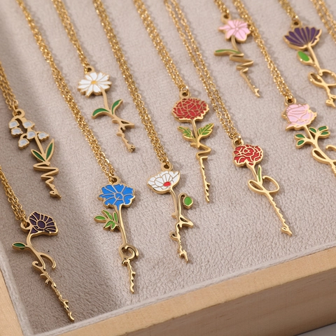 Stainless Steel 12 Months Birth Flower Pendant Necklace Elegant Personalized Letter Floral Jewelry Gift For Women