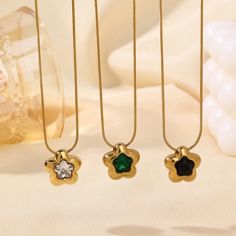 Fashion Stainless Steel Rhinestone Flower Star Oval Waterdrop Pendant Necklace Gold Plated Snake Chain Jewelry For Women
